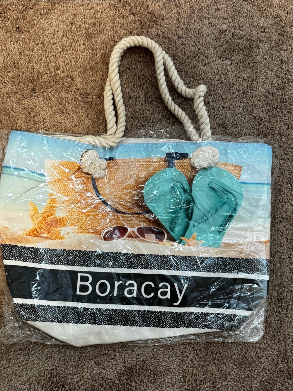 NWT Boracay Beach Tote Bag with Rope Handles and Island Graphic Vacation Resort